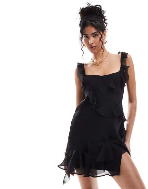 ASOS DESIGN - Vestito corto nero con allacciatura sul retro, volant e bordi grezzi - view 1