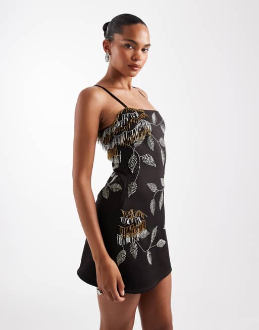 ASOS DESIGN - Vestito corto nero con decorazione con perline color oro
