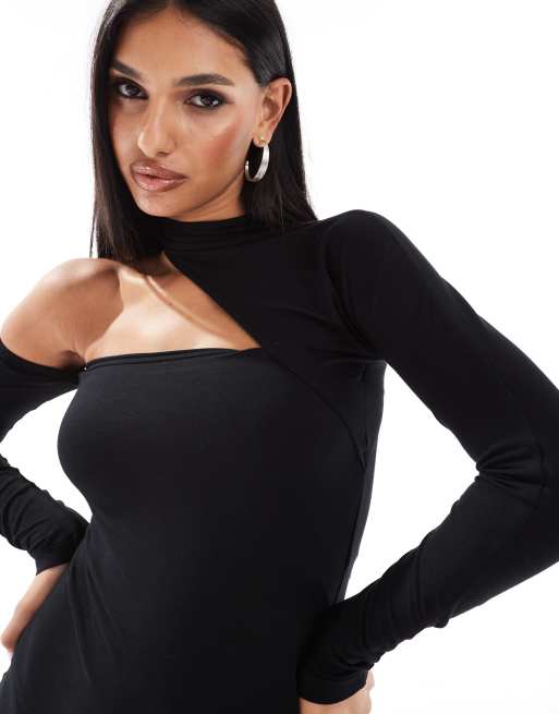 ASOS DESIGN - Vestito corto nero con dettaglio accollato e cut-out sulla spalla, 3 di 4