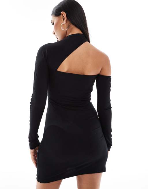 ASOS DESIGN - Vestito corto nero con dettaglio accollato e cut-out sulla spalla, 4 di 4
