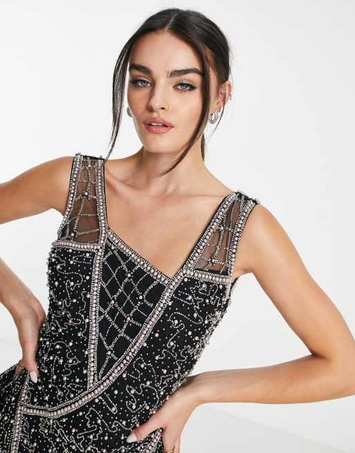 ASOS DESIGN - Vestito corto nero con gonna a balze con decorazione lineare con perline, 4 di 4