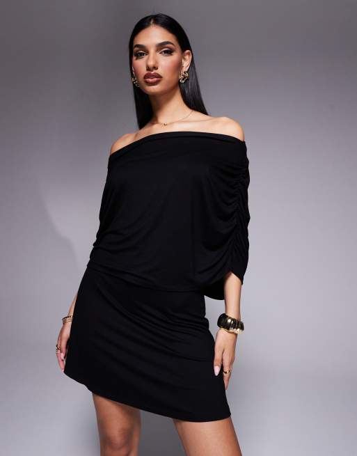 ASOS DESIGN - Vestito corto nero con mantella sovrapposta alla Bardot, 2 di 4