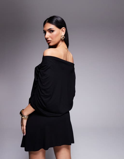 ASOS DESIGN - Vestito corto nero con mantella sovrapposta alla Bardot, 3 di 4