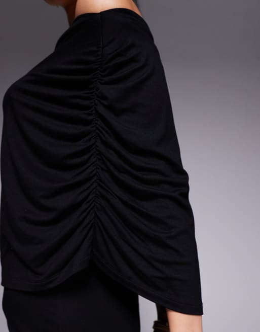 ASOS DESIGN - Vestito corto nero con mantella sovrapposta alla Bardot, 4 di 4