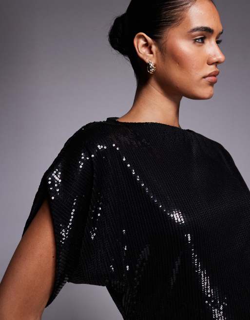 ASOS DESIGN - Vestito corto nero con paillettes, scollo a barchetta e maniche ad ali di pipistrello, 2 di 4