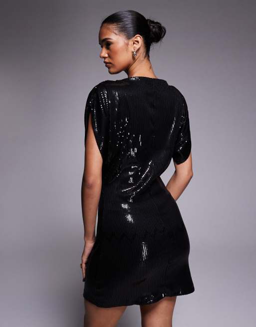 ASOS DESIGN - Vestito corto nero con paillettes, scollo a barchetta e maniche ad ali di pipistrello, 4 di 4