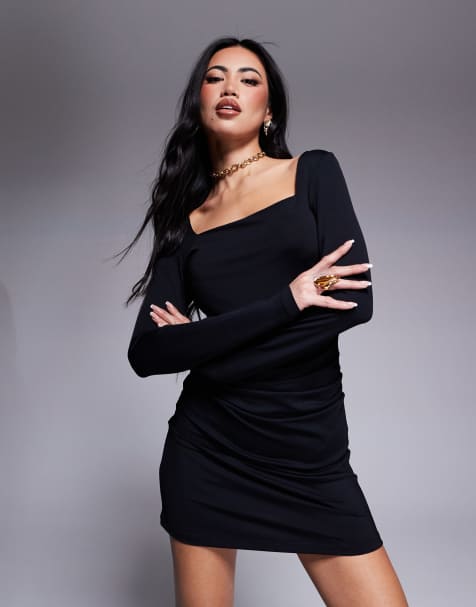 ASOS DESIGN - Vestito corto nero con scollo squadrato e dettagli raccolti - view 1