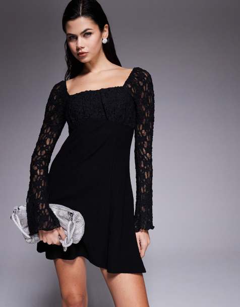 ASOS DESIGN - Vestito corto nero con scollo squadrato e maniche in pizzo - view 1