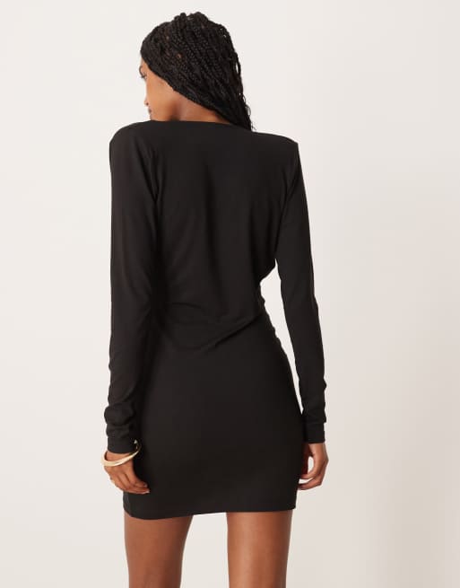 ASOS DESIGN - Vestito corto nero con spalline imbottite e scollo ad anello, 3 di 4