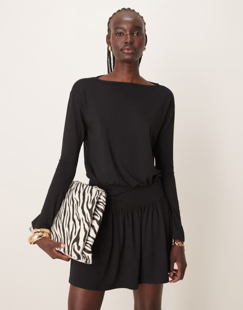 ASOS DESIGN - Vestito corto nero con vita scesa e scollo a barchetta - view 1