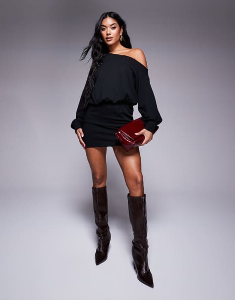 ASOS DESIGN - Vestito corto nero felpato asimmetrico - view 1
