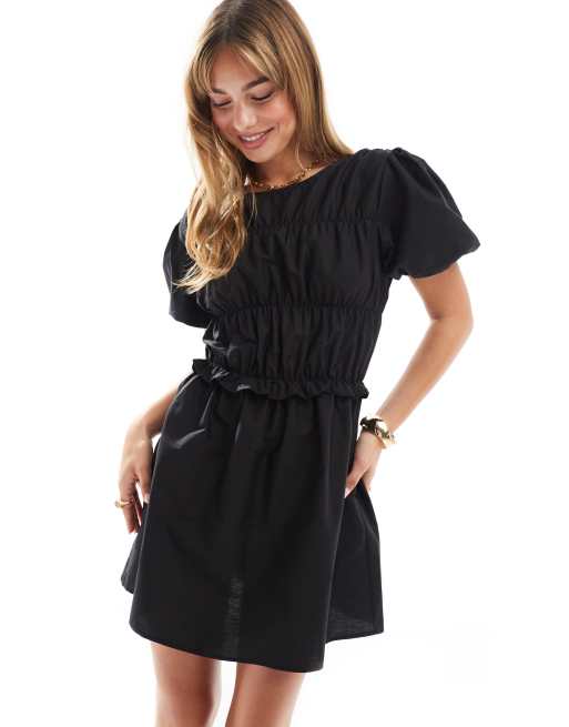 ASOS DESIGN - Vestito corto nero in popeline con dettagli arricciati