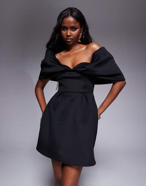 ASOS DESIGN - Vestito corto nero in tessuto effetto scuba con gonna a ruota e scollo alla Bardot - view 1