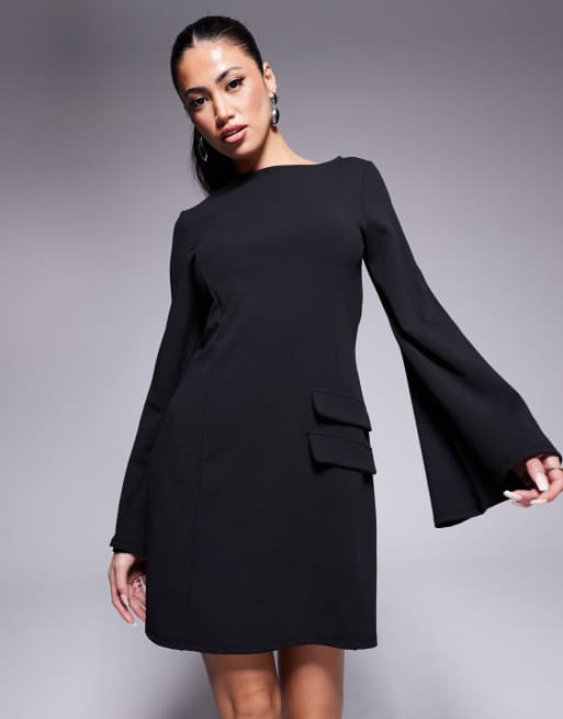 ASOS DESIGN - Vestito corto nero in tessuto effetto scuba con tasche doppie e maniche lunghe svasate, 2 di 4