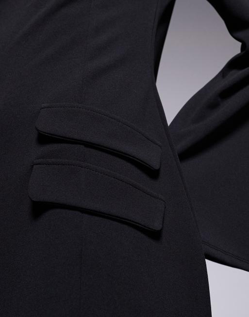 ASOS DESIGN - Vestito corto nero in tessuto effetto scuba con tasche doppie e maniche lunghe svasate, 3 di 4