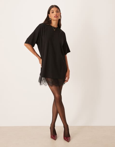 ASOS DESIGN - Vestito corto oversize nero con fondo in pizzo - view 1