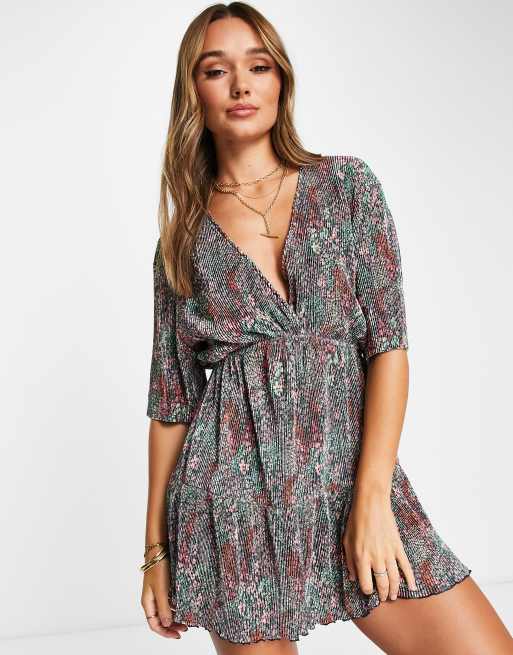 ASOS DESIGN - Vestito corto plissé con fondo a balze a fiori rosa , 2 di 4