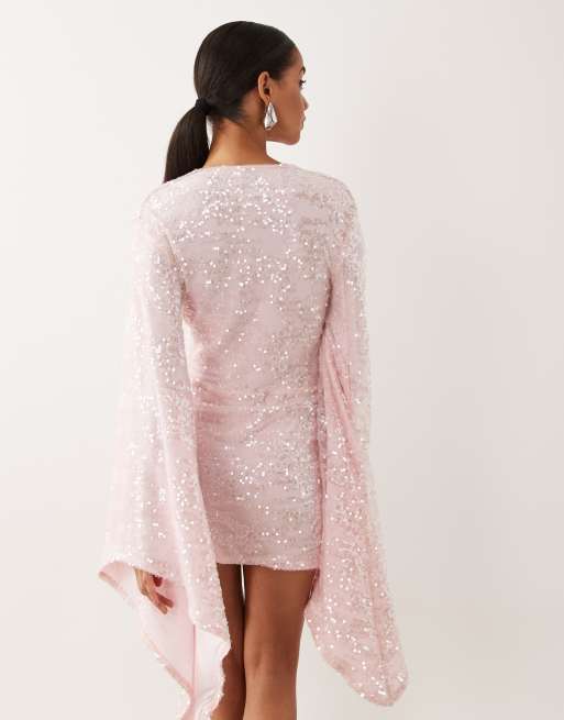 ASOS DESIGN - Vestito corto plissé rosa con paillettes e arricciature, 4 di 4