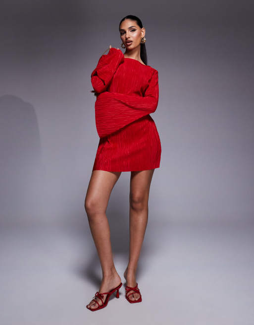ASOS DESIGN - Vestito corto plissé rosso con maniche lunghe a pipistrello, 3 di 4