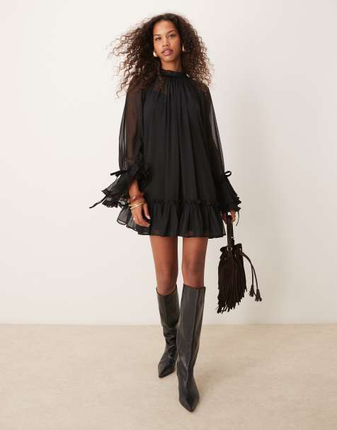 ASOS DESIGN - Vestito corto punto smock nero a balze con polsini con volant e fiocchi in velluto - view 1