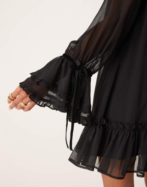 ASOS DESIGN - Vestito corto punto smock nero a balze con polsini con volant e fiocchi in velluto, 2 di 4