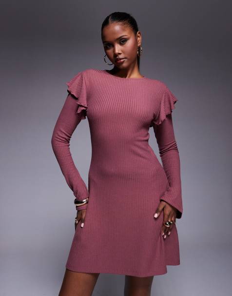 ASOS DESIGN - Vestito corto rosa a coste con volant sulle spalle - view 1