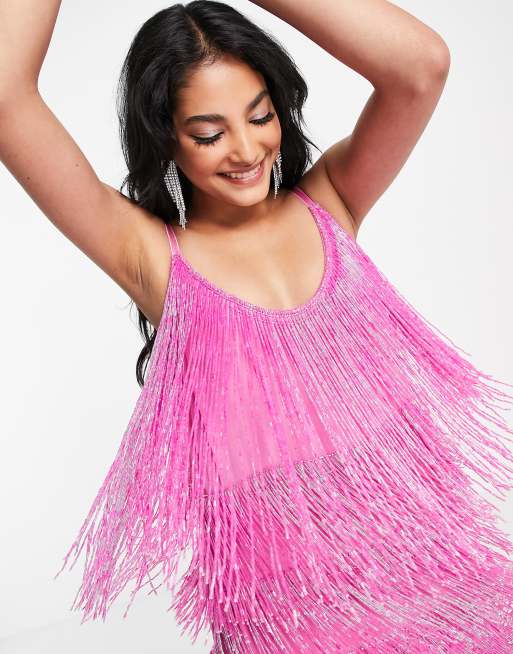 ASOS DESIGN - Vestito corto rosa decorato con frange, 3 di 4