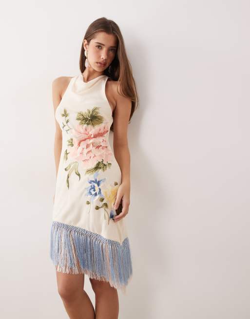 ASOS DESIGN - Vestito corto rosa pallido con ricami e fondo con frange, 2 di 4