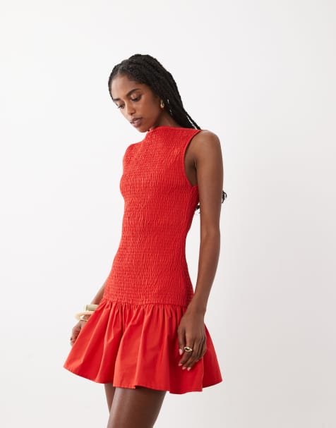 ASOS DESIGN - Vestito corto rosso arricciato con vita scesa - view 1