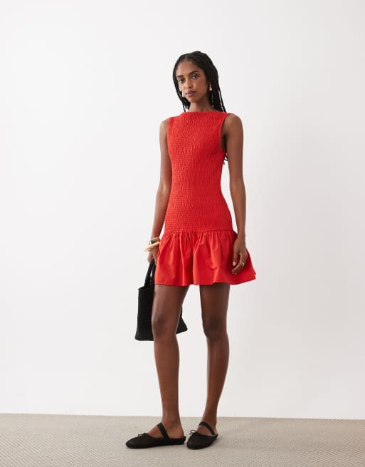 ASOS DESIGN - Vestito corto rosso arricciato con vita scesa, 3 di 4