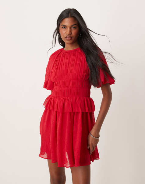 ASOS DESIGN - Vestito corto rosso con maniche a sbuffo e arricciatura in vita - view 1