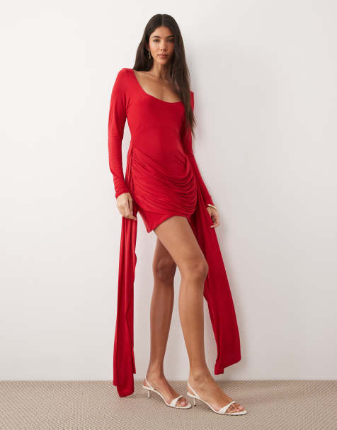 ASOS DESIGN - Vestito corto rosso drappeggiato in vita con scollo rotondo - view 1