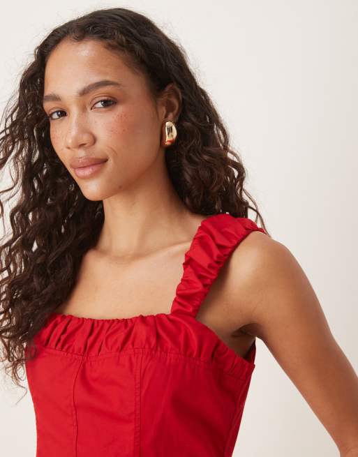 ASOS DESIGN - Vestito corto rosso stretto in vita con maniche ad aletta arricciate, 2 di 4