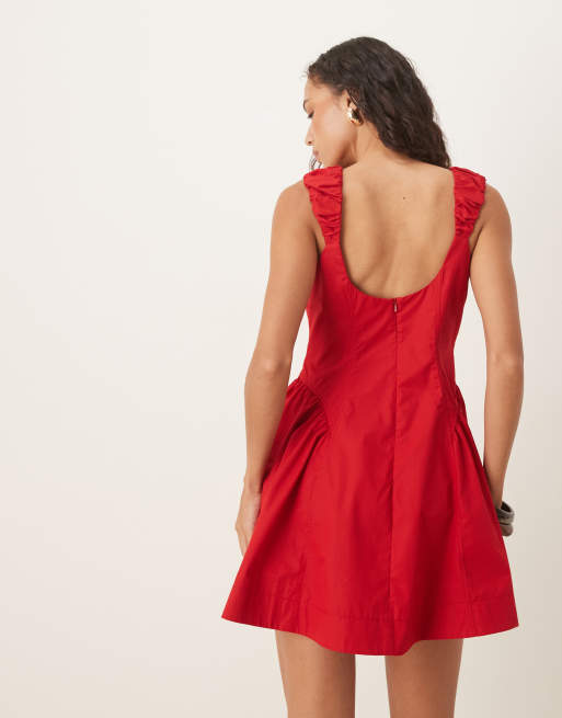 ASOS DESIGN - Vestito corto rosso stretto in vita con maniche ad aletta arricciate, 3 di 4
