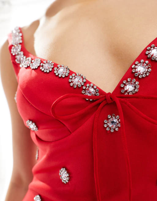 ASOS DESIGN - Vestito corto rosso strutturato con scollo a cuore e decorazioni su tutta la superficie, 4 di 4