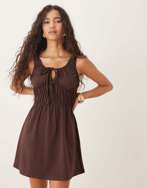 ASOS DESIGN - Vestito corto rustico color cioccolato con bustino arricciato - view 1