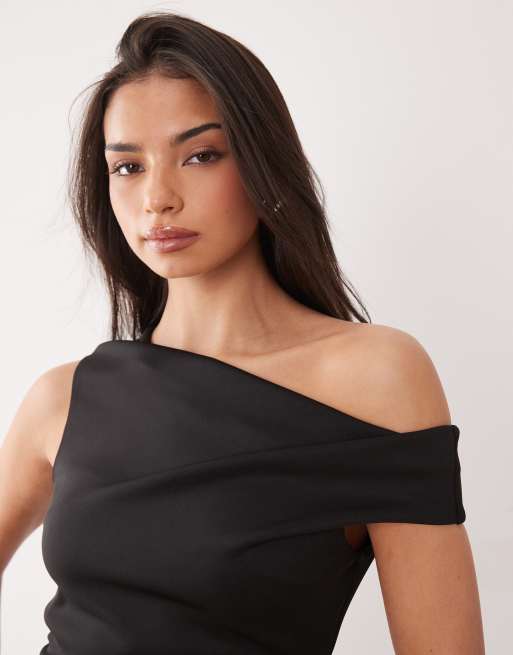 ASOS DESIGN - Vestito corto sagomato con spalle scoperte in tessuto stile scuba nero, 3 di 4