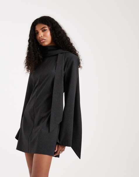 ASOS DESIGN - Vestito corto sartoriale grigio a righe con dettaglio stile foulard - view 1