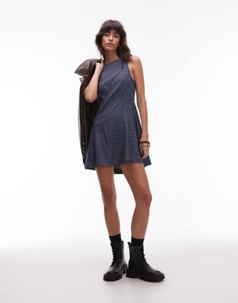 ASOS DESIGN - Vestito corto senza maniche blu navy intenso a quadri con pieghe a cannoncino - view 1
