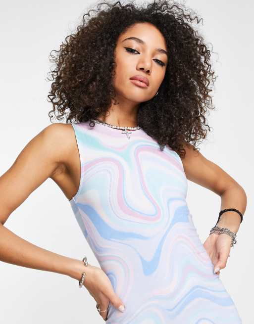 ASOS DESIGN - Vestito corto senza maniche con parte frontale a vogatore con stampa blu astratta, 4 di 4