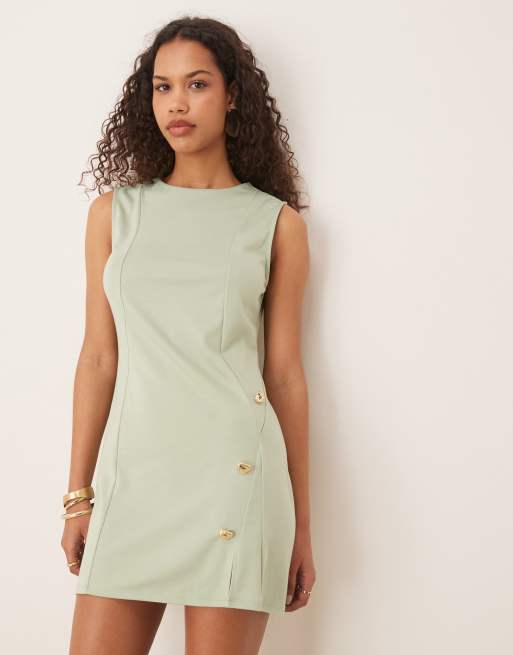 ASOS DESIGN - Vestito corto senza maniche verde salvia con spacco laterale e bottoni, 2 di 4