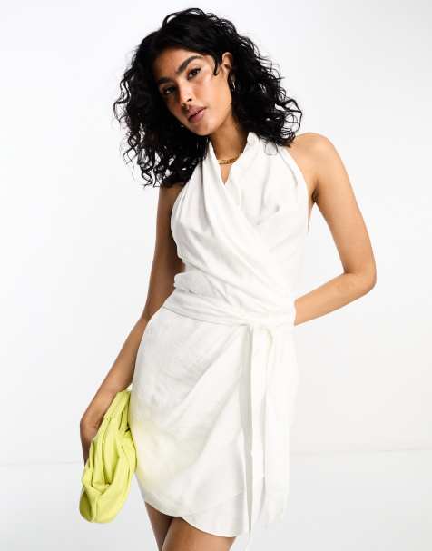 ASOS DESIGN - Vestito corto slavato bianco allacciato in vita e al collo - view 1