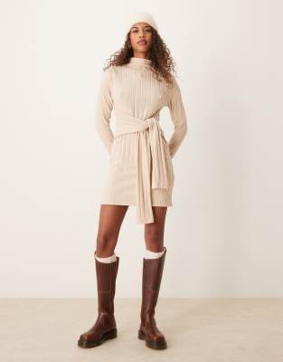 ASOS DESIGN - Vestito corto soffice color panna a coste pesante con dettaglio avvolgente in vita
