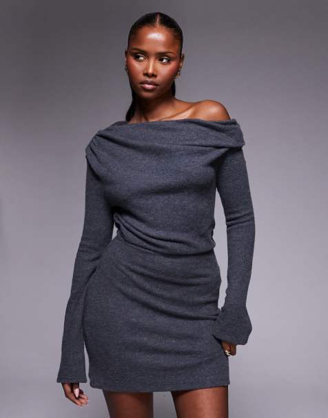 ASOS DESIGN - Vestito corto soffice grigio antracite con spalla scivolata - view 1