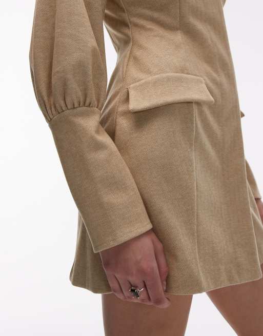 ASOS DESIGN - Vestito corto stile blazer strutturato color pietra con maniche a sbuffo, 4 di 4