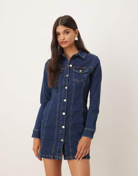 ASOS DESIGN - Vestito corto stile camicia aderente a maniche lunghe in denim lavaggio rinse wash - view 1