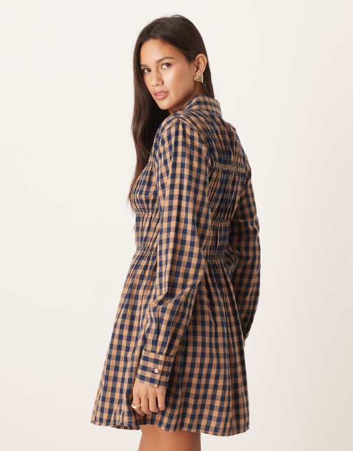 ASOS DESIGN - Vestito corto stile camicia color cuoio a quadri stretto in vita, 2 di 4