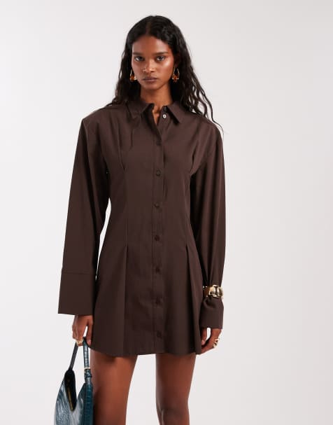 ASOS DESIGN - Vestito corto stile camicia marrone stretto in vita e con spalline imbottite - view 1