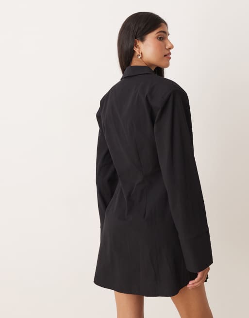 ASOS DESIGN - Vestito corto stile camicia nero stretto in vita e con spalline imbottite, 2 di 4