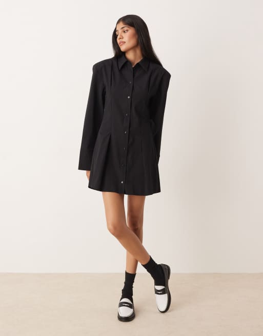 ASOS DESIGN - Vestito corto stile camicia nero stretto in vita e con spalline imbottite, 4 di 4